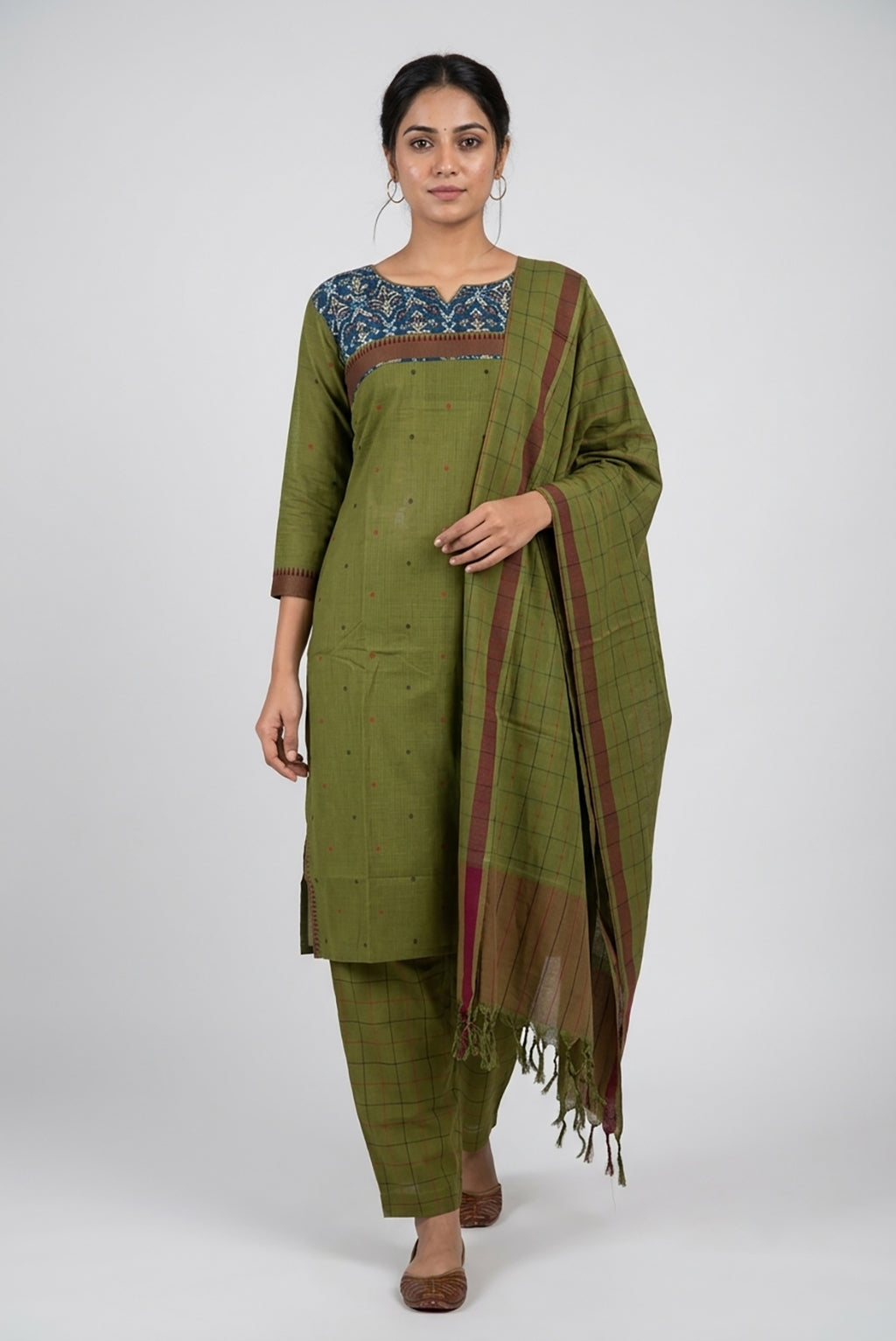 Green Pure Cotton Womens Kurta set featuring Thread Butta Kurta paired with Green Thread Butta bottom and a Thread Butta dupatta in Green