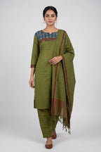 Green Pure Cotton Womens Kurta set featuring Thread Butta Kurta paired with Green Thread Butta bottom and a Thread Butta dupatta in Green