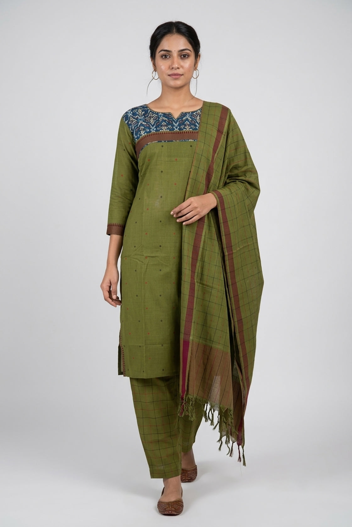 Green Pure Cotton Womens Kurta set featuring Thread Butta Kurta paired with Green Thread Butta bottom and a Thread Butta dupatta in Green