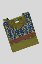 Top view of Green Pure Cotton Womens Kurta set featuring Thread Butta Kurta paired with Green Thread Butta bottom and a Thread Butta dupatta in Green
