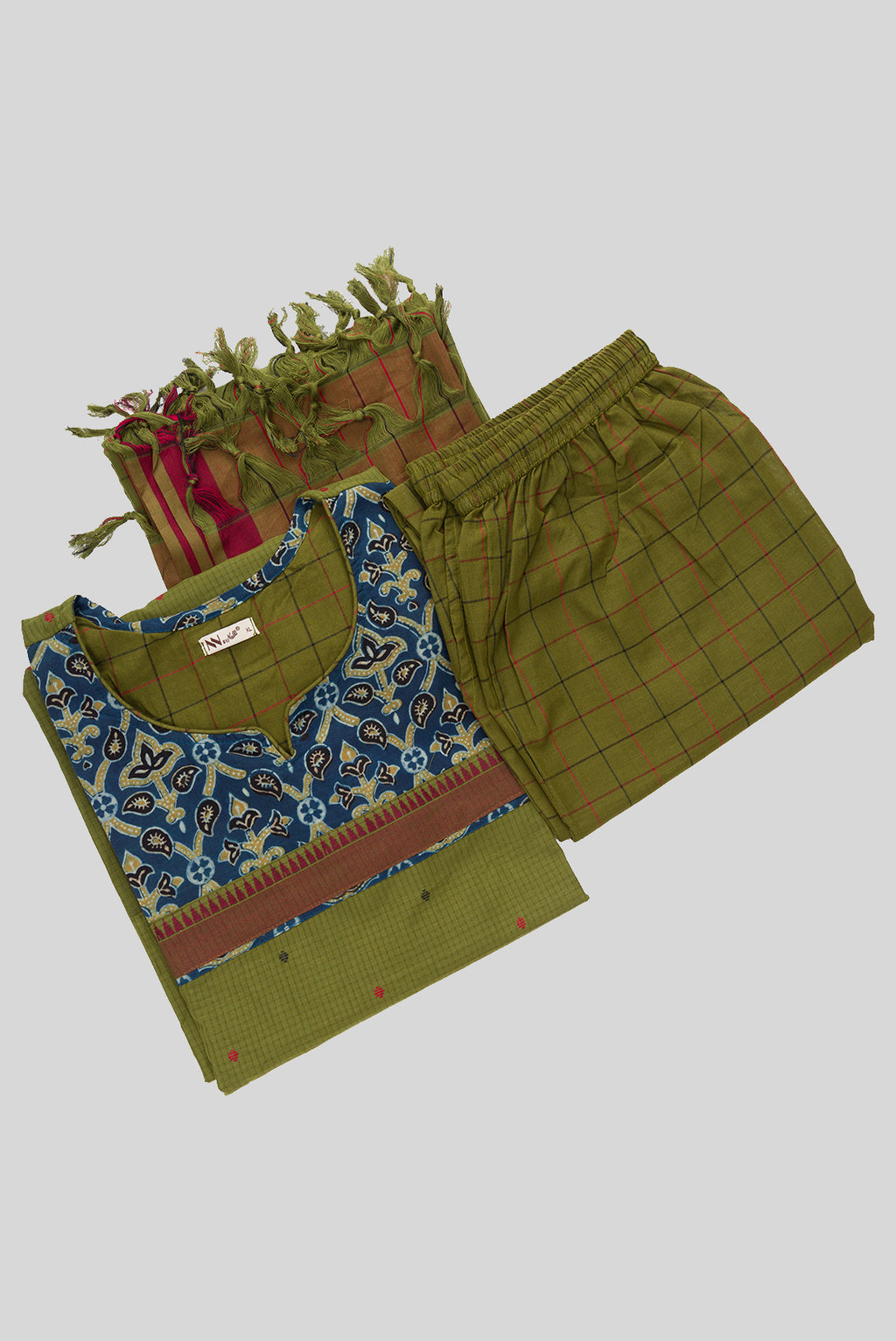 Flat lay of Green Pure Cotton Womens Kurta set featuring Thread Butta Kurta paired with Green Thread Butta bottom and a Thread Butta dupatta in Green