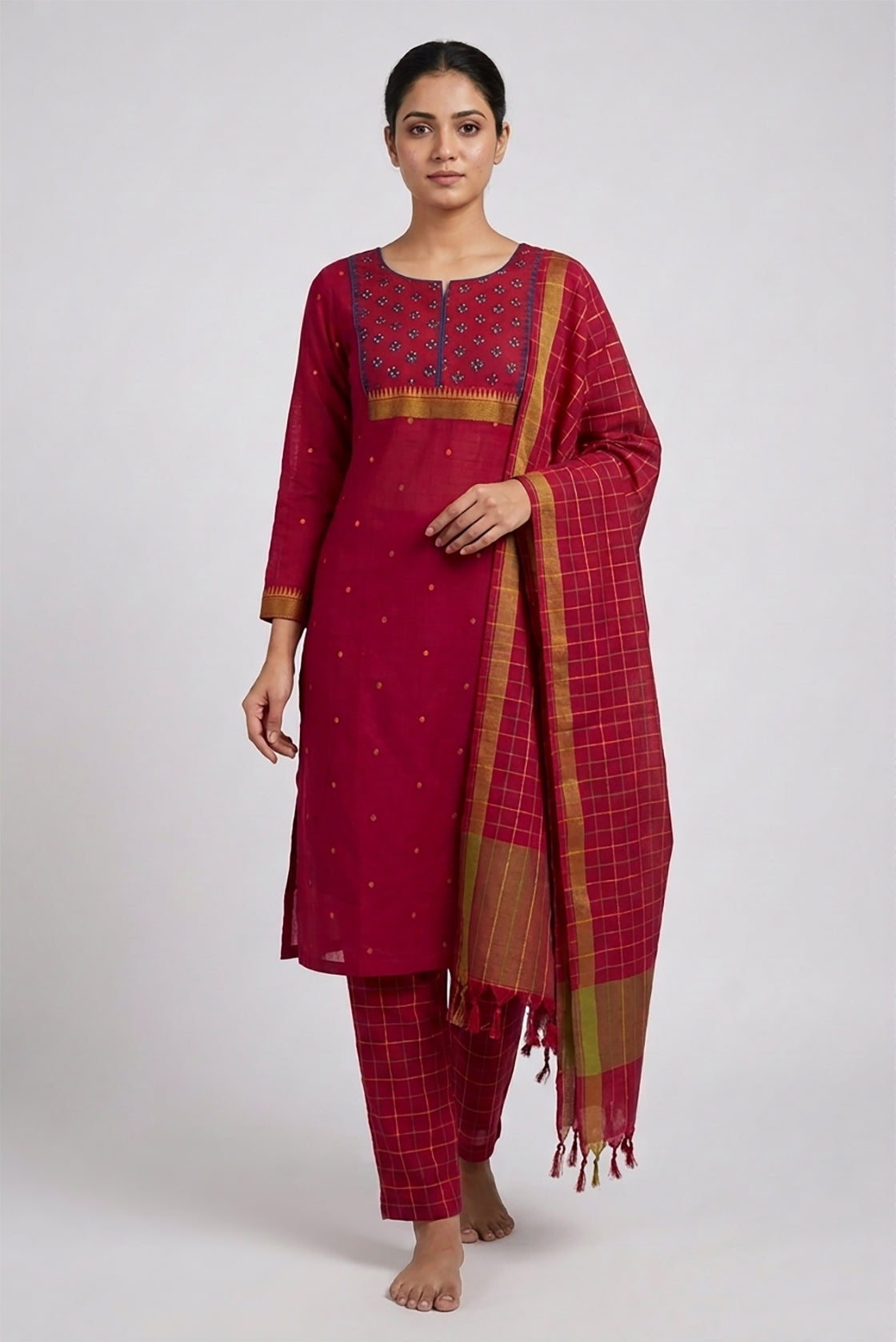Red Pure Cotton Womens Kurta set featuring Thread Butta Kurta paired with Red Checks bottom and a Checks dupatta in Red back image displayed on an AI model