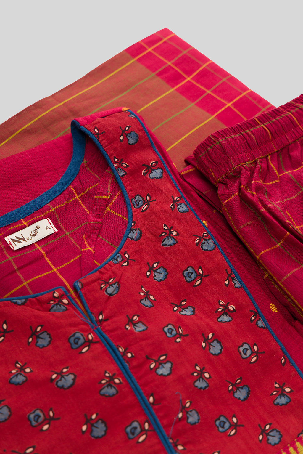 Detailed shot of Red Pure Cotton Womens Kurta set featuring Thread Butta Kurta paired with Red Checks bottom and a Checks dupatta in Red
