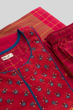 Detailed shot of Red Pure Cotton Womens Kurta set featuring Thread Butta Kurta paired with Red Checks bottom and a Checks dupatta in Red