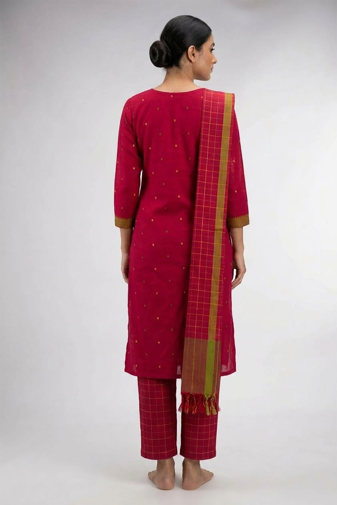 Red Pure Cotton Womens Kurta set featuring Thread Butta Kurta paired with Red Checks bottom and a Checks dupatta in Red