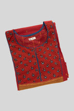 Top view of Red Pure Cotton Womens Kurta set featuring Thread Butta Kurta paired with Red Checks bottom and a Checks dupatta in Red