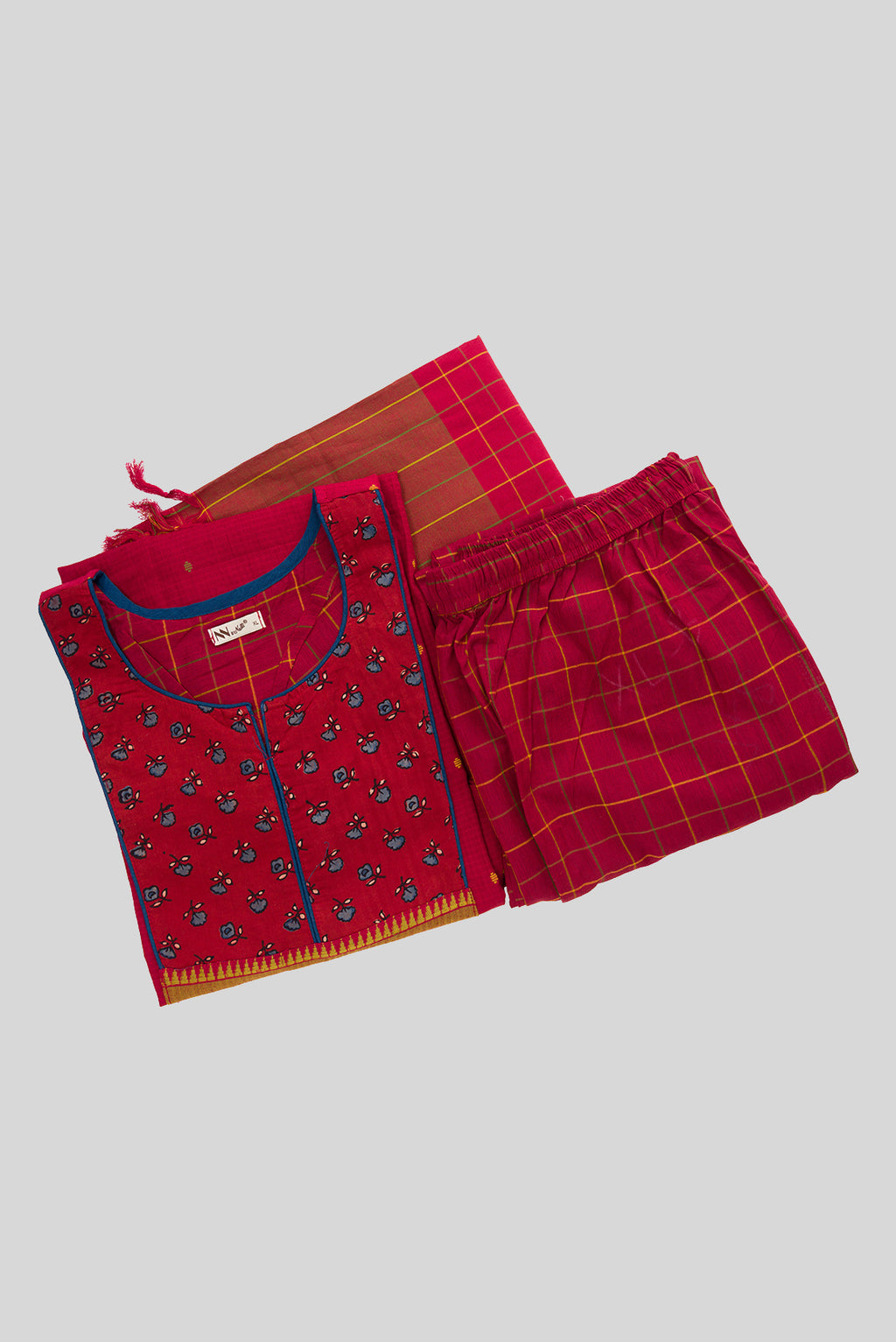 Flat lay of Red Pure Cotton Womens Kurta set featuring Thread Butta Kurta paired with Red Checks bottom and a Checks dupatta in Red