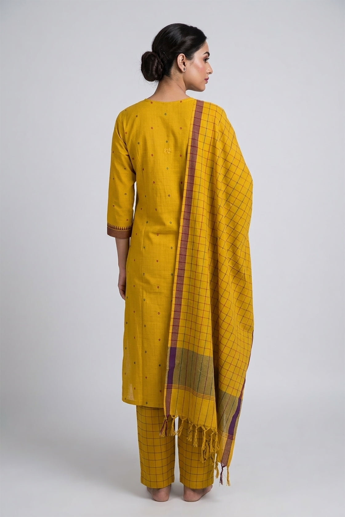 Mehandi Green Pure Cotton Womens Kurta set featuring Thread Butta Kurta paired with Mehandi Green Checks bottom and a Checks dupatta in Mehandi Green back image displayed on an AI model