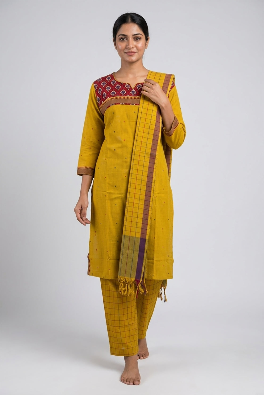 Mehandi Green Pure Cotton Womens Kurta set featuring Thread Butta Kurta paired with Mehandi Green Checks bottom and a Checks dupatta in Mehandi Green