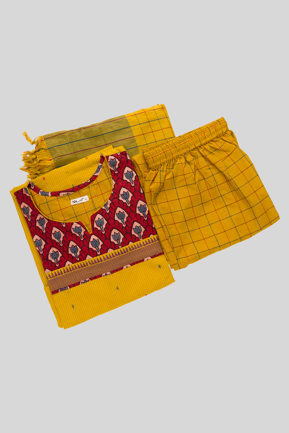 Flat lay of Mehandi Green Pure Cotton Womens Kurta set featuring Thread Butta Kurta paired with Mehandi Green Checks bottom and a Checks dupatta in Mehandi Green