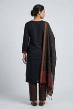 Black Pure Cotton Womens Kurta set featuring Thread Butta Kurta paired with Black Checks bottom and a Checks dupatta in Black back image displayed on an AI model