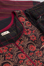 Detailed shot of Black Pure Cotton Womens Kurta set featuring Thread Butta Kurta paired with Black Checks bottom and a Checks dupatta in Black