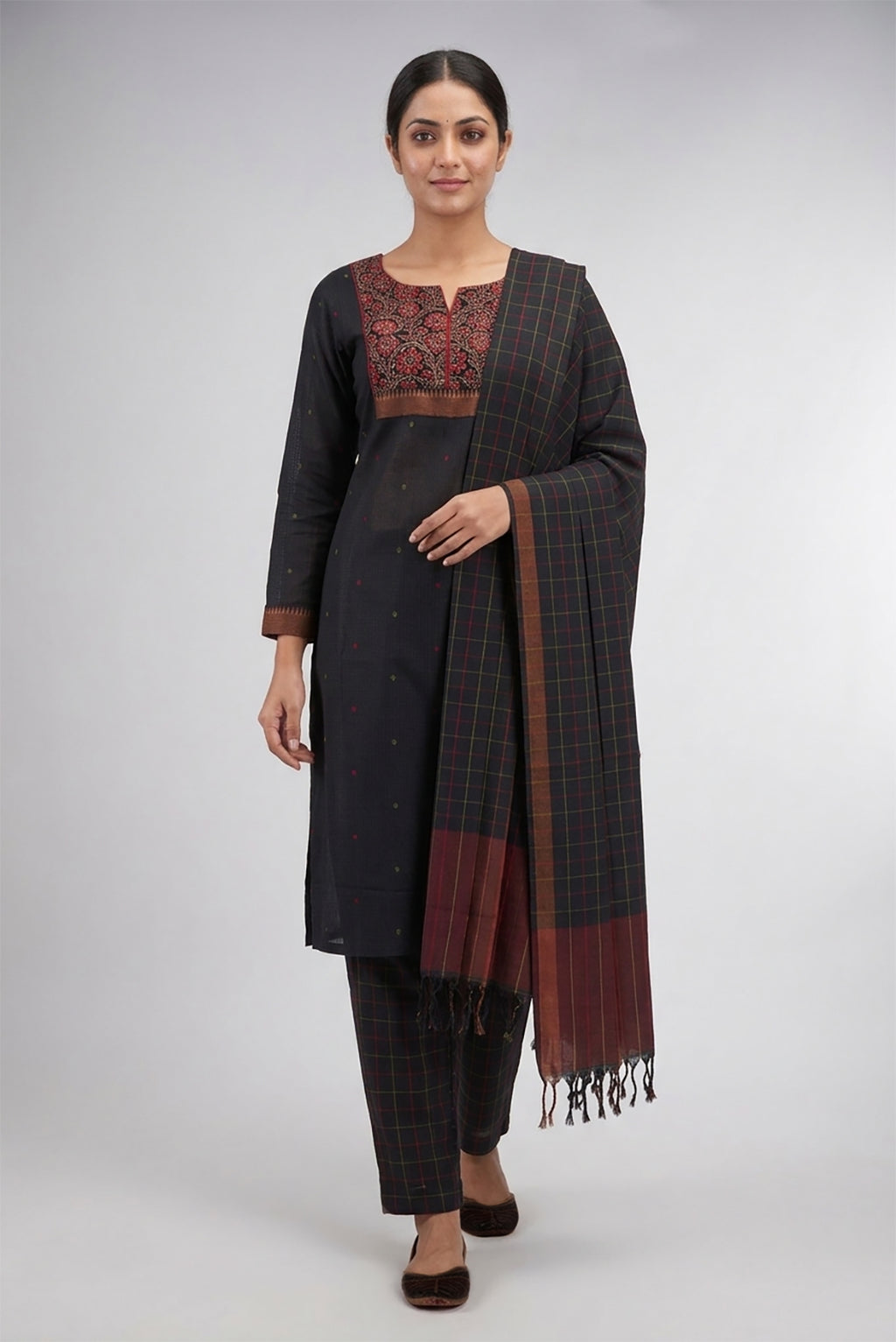 Black Pure Cotton Womens Kurta set featuring Thread Butta Kurta paired with Black Checks bottom and a Checks dupatta in Black