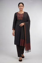 Black Pure Cotton Womens Kurta set featuring Thread Butta Kurta paired with Black Checks bottom and a Checks dupatta in Black