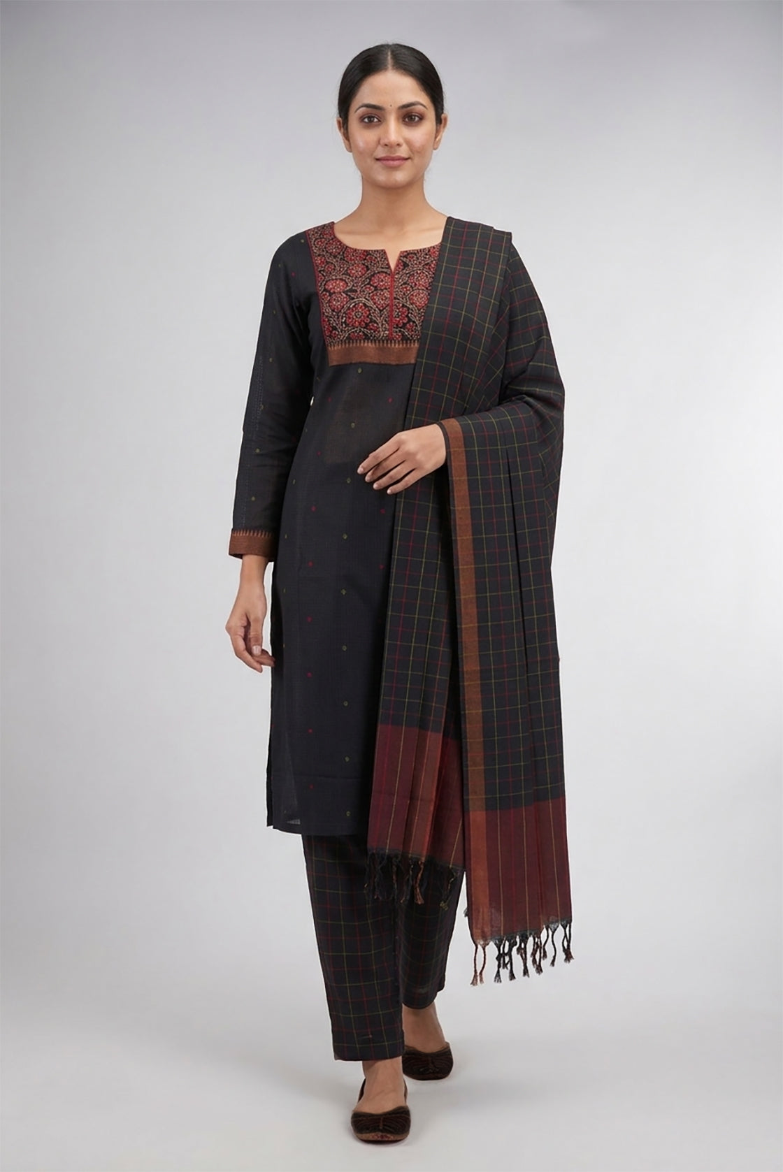 Black Pure Cotton Womens Kurta set featuring Thread Butta Kurta paired with Black Checks bottom and a Checks dupatta in Black
