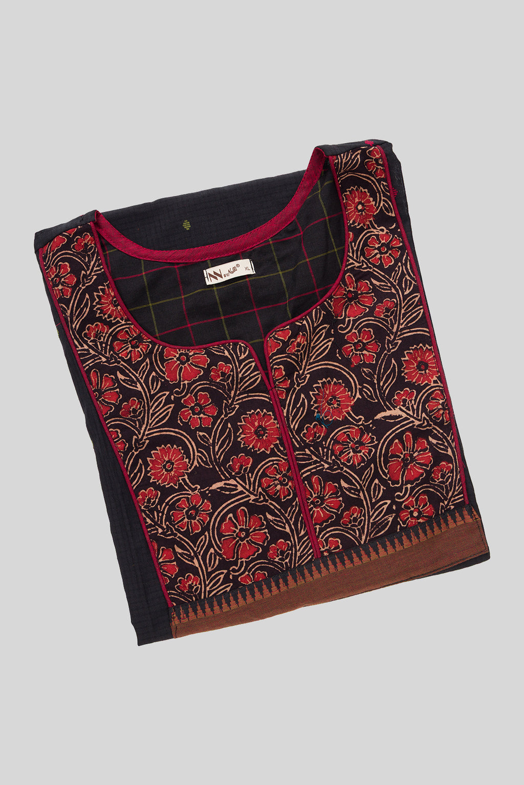 Top view of Black Pure Cotton Womens Kurta set featuring Thread Butta Kurta paired with Black Checks bottom and a Checks dupatta in Black
