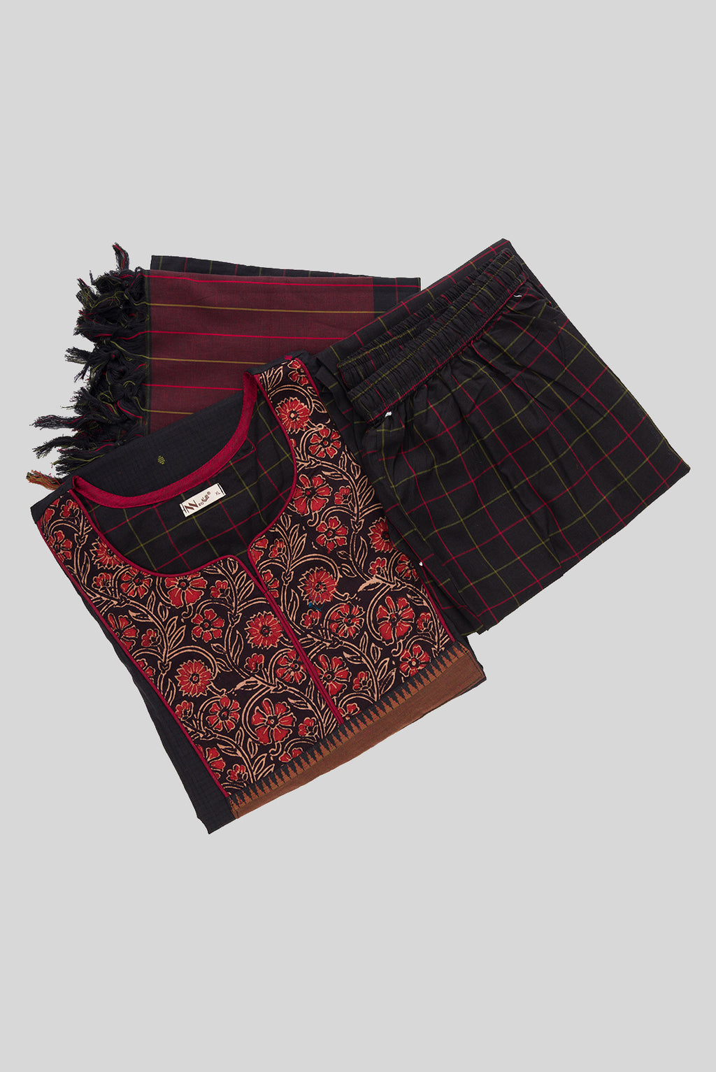 Flat lay of Black Pure Cotton Womens Kurta set featuring Thread Butta Kurta paired with Black Checks bottom and a Checks dupatta in Black