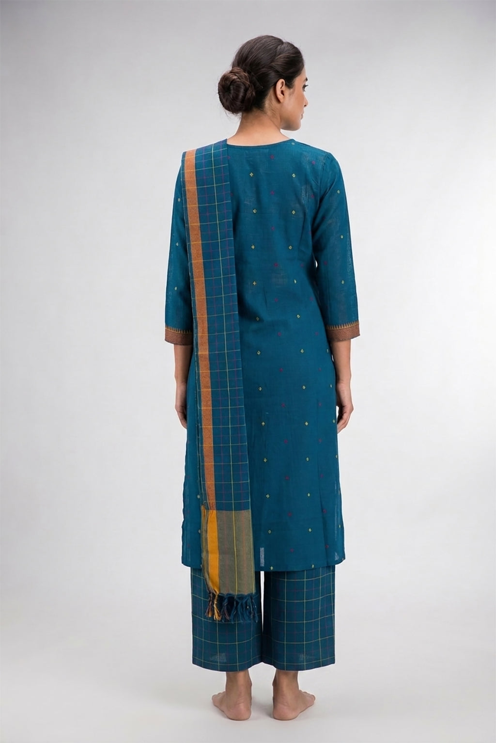 Peacock Blue Pure Cotton Womens Kurta set featuring Thread Butta Kurta paired with Peacock Blue Checks bottom and a Checks dupatta in Peacock Blue back image displayed on an AI model