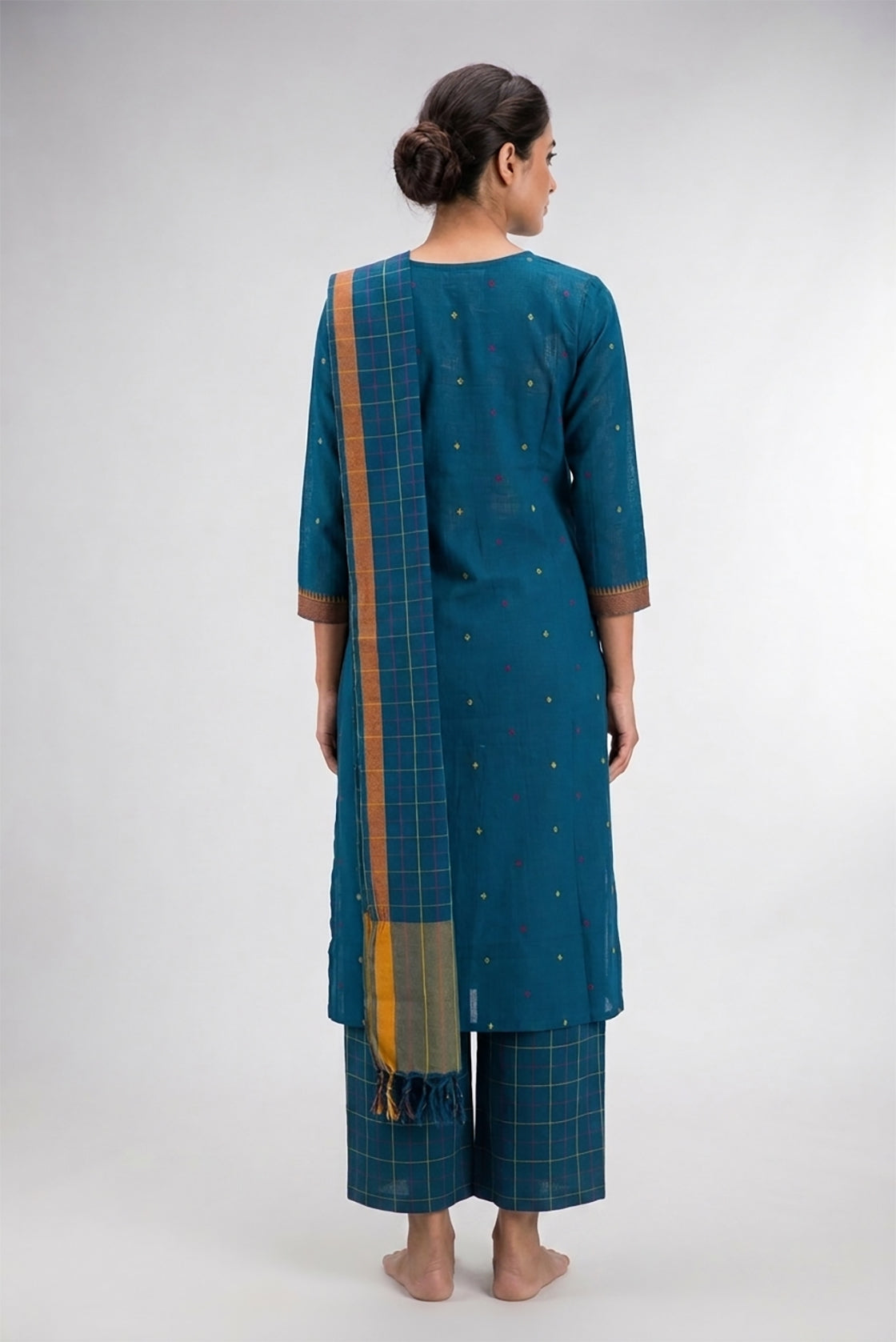 Peacock Blue Pure Cotton Womens Kurta set featuring Thread Butta Kurta paired with Peacock Blue Checks bottom and a Checks dupatta in Peacock Blue back image displayed on an AI model
