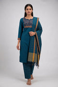 Peacock Blue Pure Cotton Womens Kurta set featuring Thread Butta Kurta paired with Peacock Blue Checks bottom and a Checks dupatta in Peacock Blue