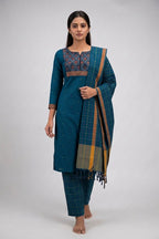 Peacock Blue Pure Cotton Womens Kurta set featuring Thread Butta Kurta paired with Peacock Blue Checks bottom and a Checks dupatta in Peacock Blue