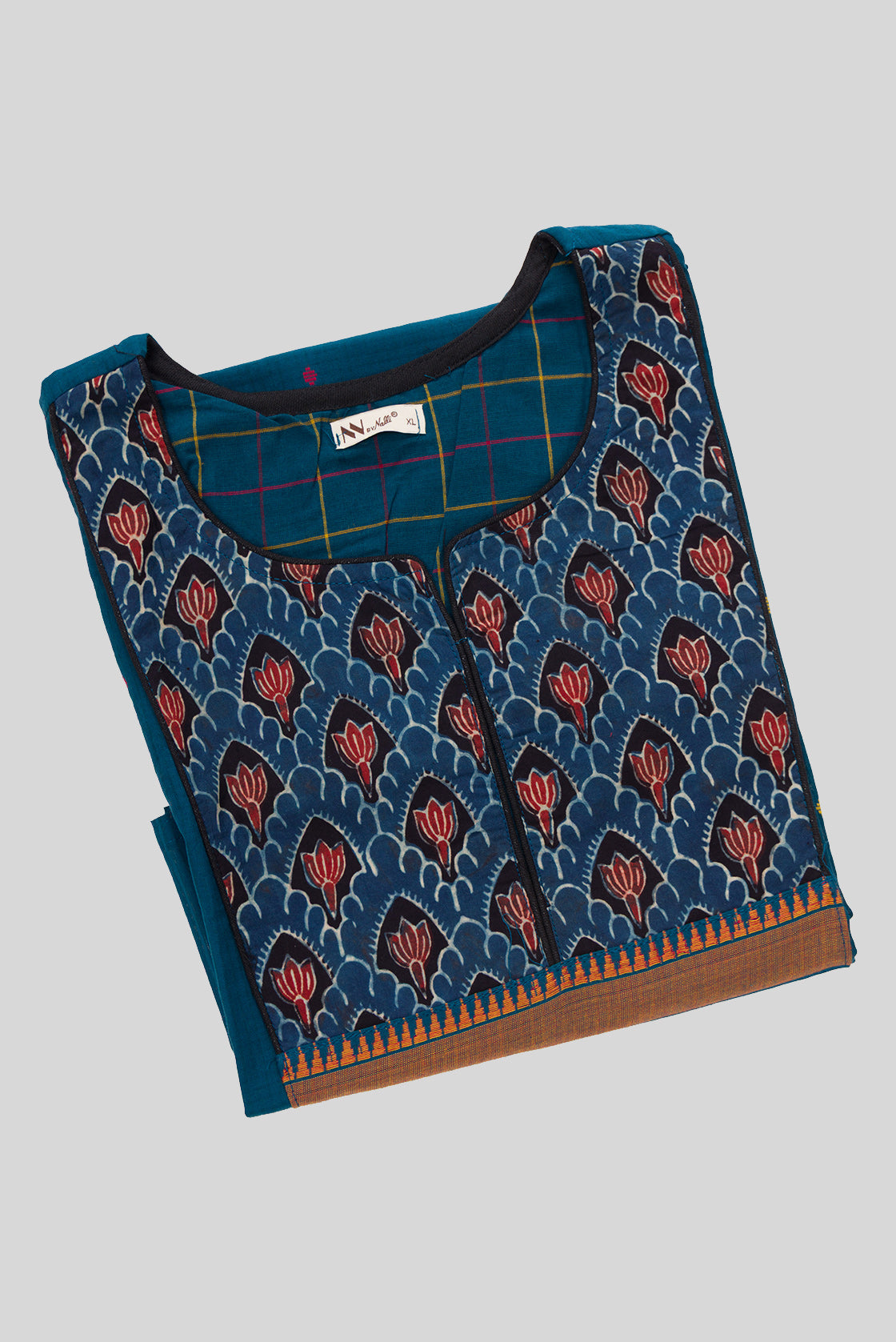 Top view of Peacock Blue Pure Cotton Womens Kurta set featuring Thread Butta Kurta paired with Peacock Blue Checks bottom and a Checks dupatta in Peacock Blue