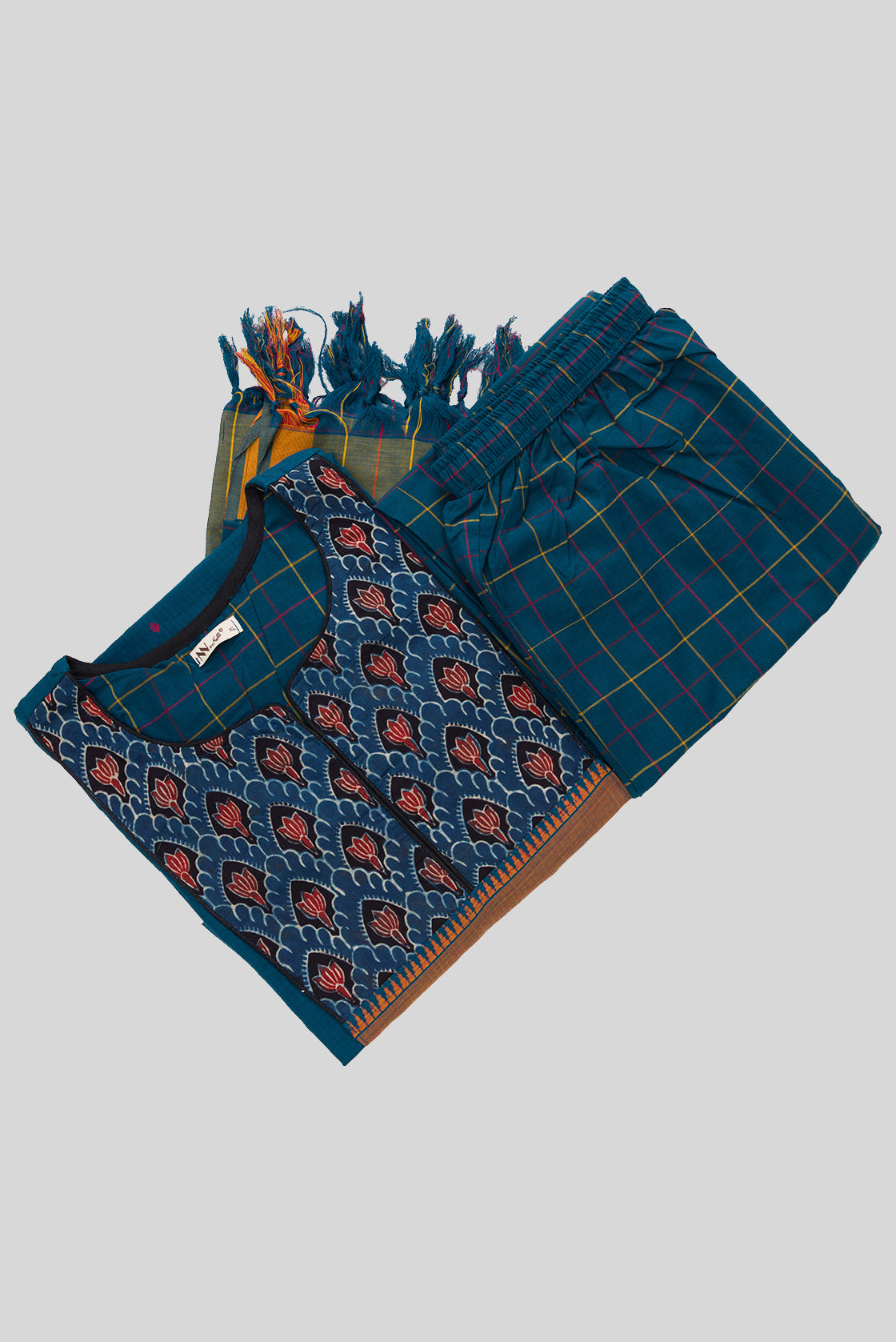 Flat lay of Peacock Blue Pure Cotton Womens Kurta set featuring Thread Butta Kurta paired with Peacock Blue Checks bottom and a Checks dupatta in Peacock Blue