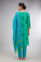 Green Pure Cotton Womens Kurta set featuring Thread Butta Kurta paired with Sky Blue Plain Body bottom and a Checks dupatta in Sky Blue back image displayed on an AI model