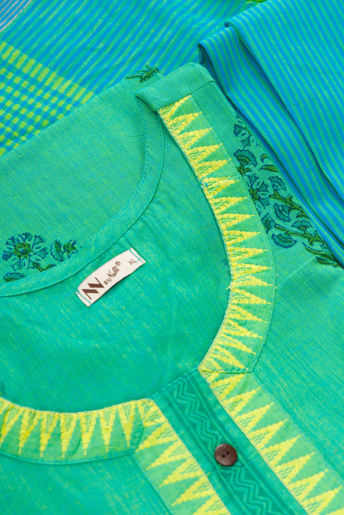 Detailed shot of Green Pure Cotton Womens Kurta set featuring Thread Butta Kurta paired with Sky Blue Plain Body bottom and a Checks dupatta in Sky Blue