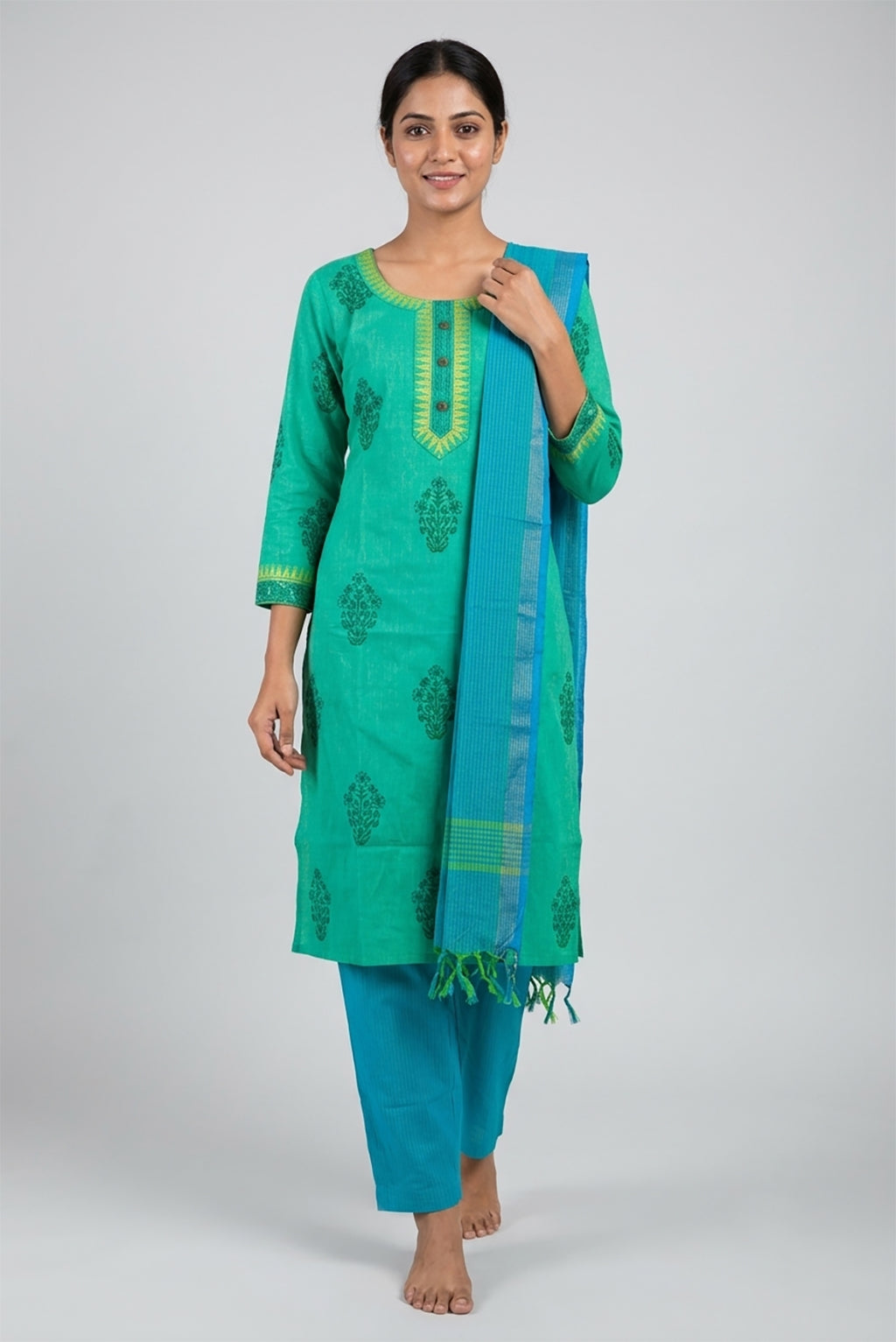 Green Pure Cotton Womens Kurta set featuring Thread Butta Kurta paired with Sky Blue Plain Body bottom and a Checks dupatta in Sky Blue