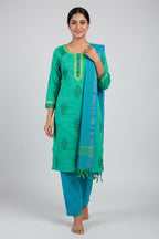 Green Pure Cotton Womens Kurta set featuring Thread Butta Kurta paired with Sky Blue Plain Body bottom and a Checks dupatta in Sky Blue