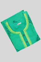 Top view of Green Pure Cotton Womens Kurta set featuring Thread Butta Kurta paired with Sky Blue Plain Body bottom and a Checks dupatta in Sky Blue