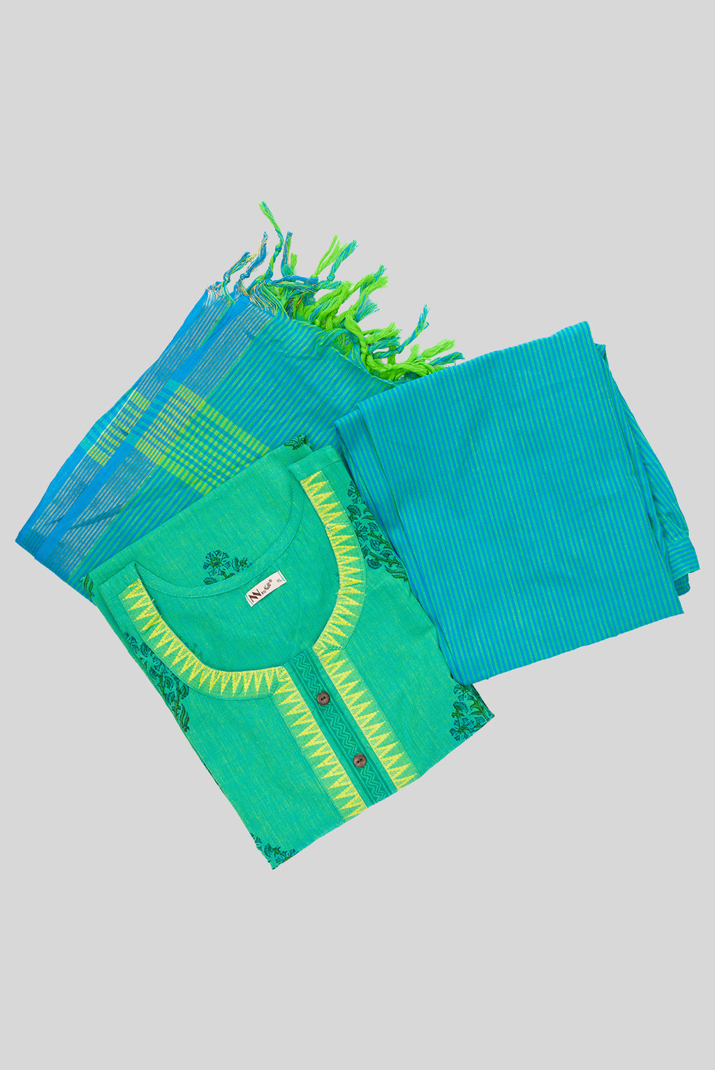 Flat lay of Green Pure Cotton Womens Kurta set featuring Thread Butta Kurta paired with Sky Blue Plain Body bottom and a Checks dupatta in Sky Blue