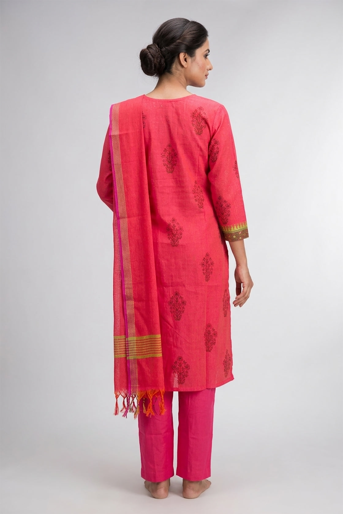 Pink Pure Cotton Womens Kurta set featuring Thread Butta Kurta paired with Pink Plain Body bottom and a Checks dupatta in Pink back image displayed on an AI model