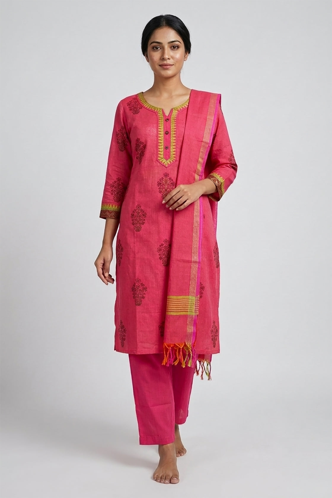 Pink Pure Cotton Womens Kurta set featuring Thread Butta Kurta paired with Pink Plain Body bottom and a Checks dupatta in Pink