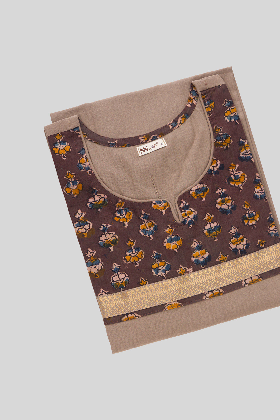 Top view of This Beige Cotton Kurta is crafted using Plain Woven detailing, featuring Plain Body design across the silhouette with Round neck