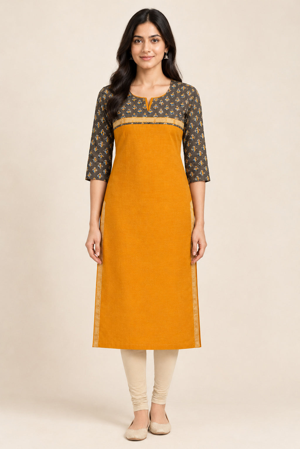 This Mustard Cotton Kurta is crafted using Plain Woven detailing, featuring Plain Body design across the silhouette with Round neck front image displayed on an AI model