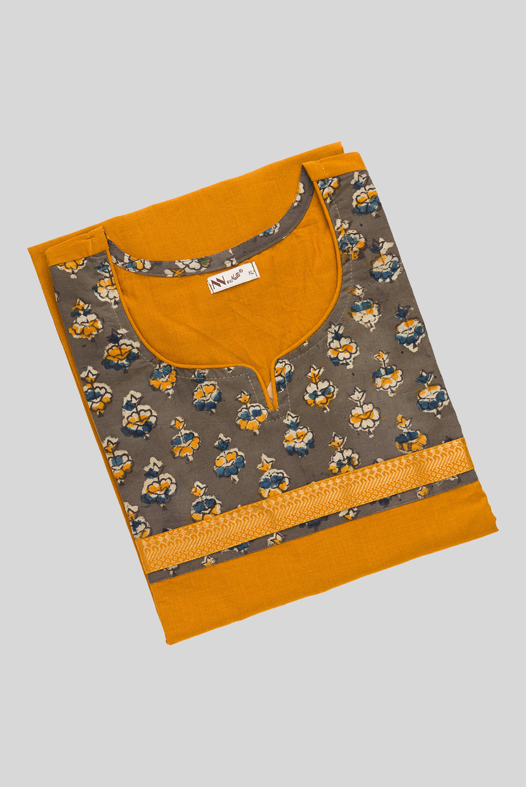 Top view of This Mustard Cotton Kurta is crafted using Plain Woven detailing, featuring Plain Body design across the silhouette with Round neck