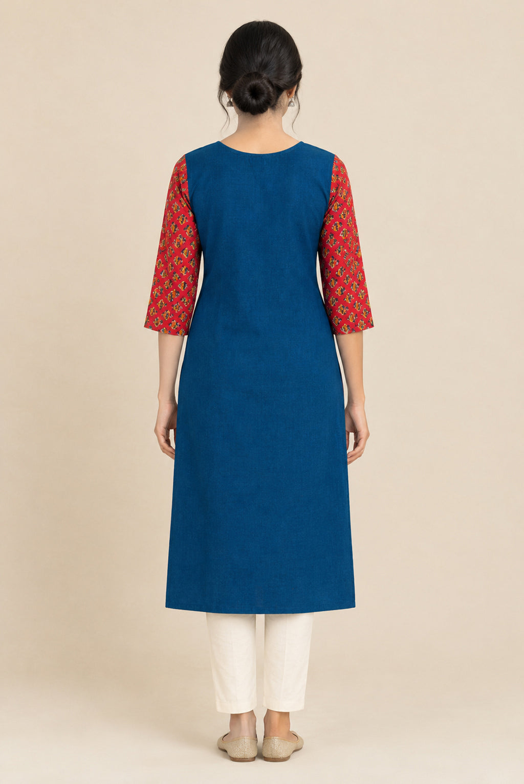This Blue Cotton Kurta is crafted using Plain Woven detailing, featuring Plain Body design across the silhouette with Round neck back image displayed on an AI model