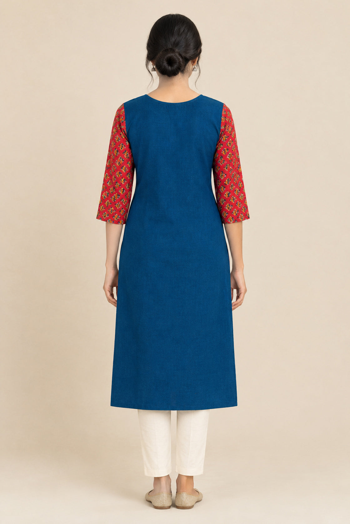 This Blue Cotton Kurta is crafted using Plain Woven detailing, featuring Plain Body design across the silhouette with Round neck back image displayed on an AI model