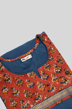 Detailed shot of This Blue Cotton Kurta is crafted using Plain Woven detailing, featuring Plain Body design across the silhouette with Round neck