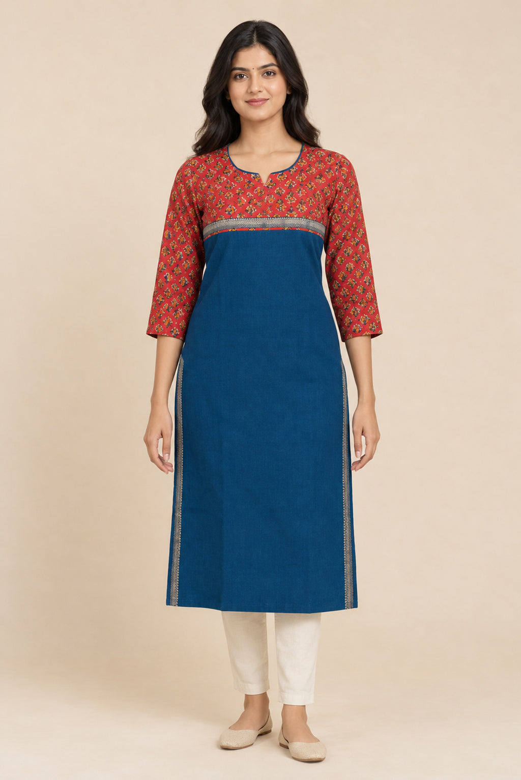 This Blue Cotton Kurta is crafted using Plain Woven detailing, featuring Plain Body design across the silhouette with Round neck front image displayed on an AI model