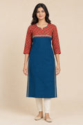 This Blue Cotton Kurta is crafted using Plain Woven detailing, featuring Plain Body design across the silhouette with Round neck front image displayed on an AI model