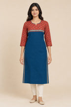 This Blue Cotton Kurta is crafted using Plain Woven detailing, featuring Plain Body design across the silhouette with Round neck front image displayed on an AI model