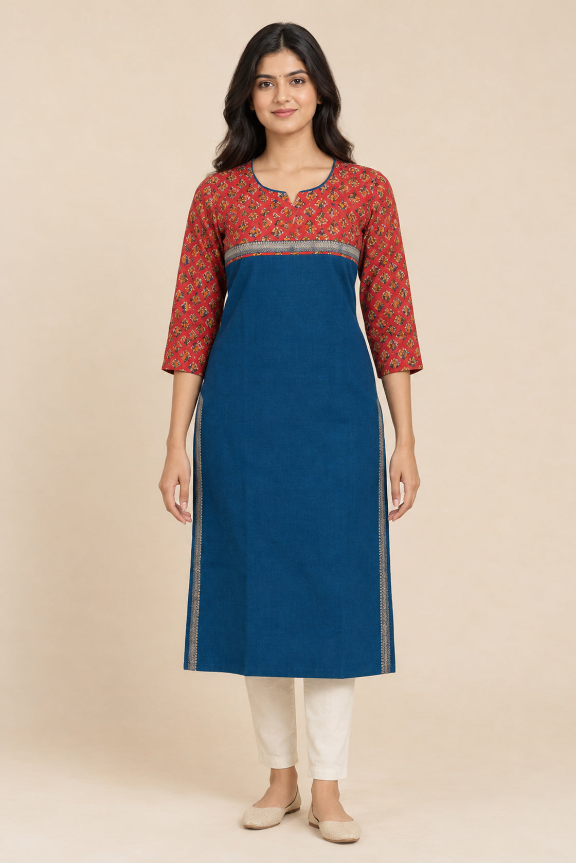 This Blue Cotton Kurta is crafted using Plain Woven detailing, featuring Plain Body design across the silhouette with Round neck front image displayed on an AI model