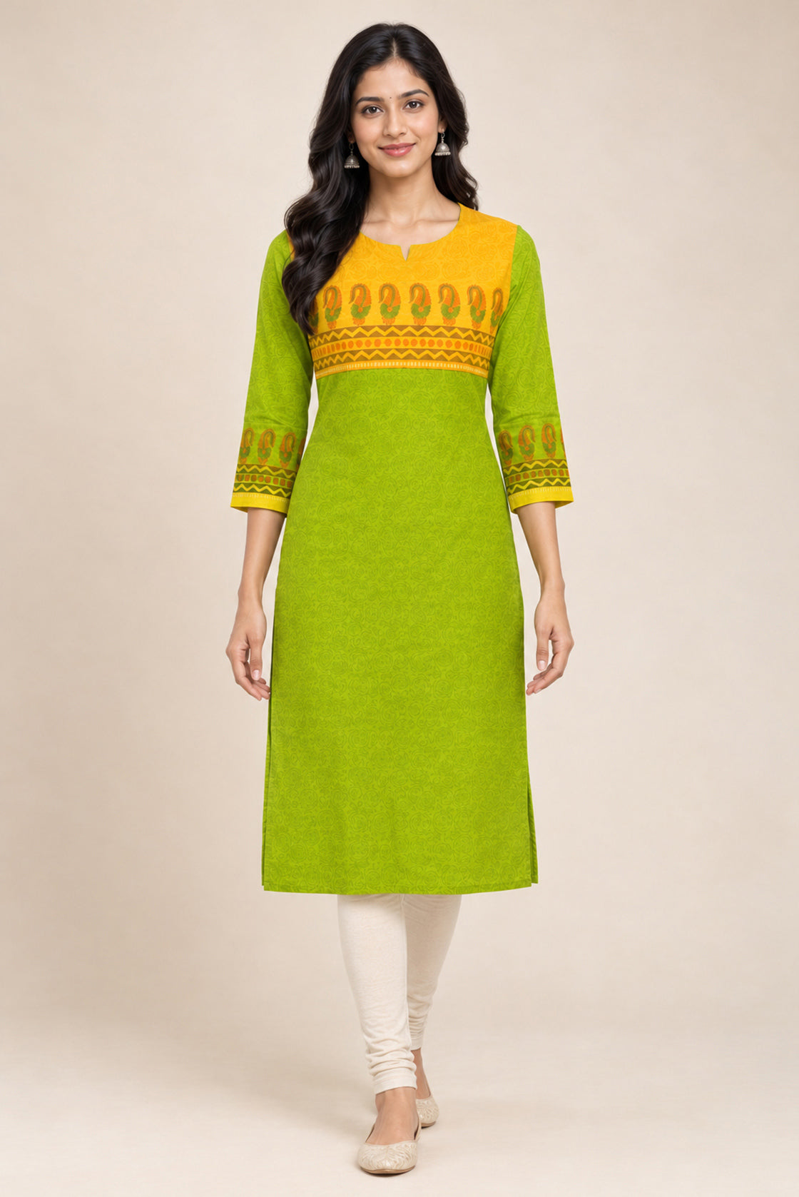 This Parrot Green Cotton Kurta is crafted using Plain Woven detailing, featuring Plain Body design across the silhouette with Round neck front image displayed on an AI model