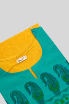 Detailed shot of This Yellow Cotton Kurta is crafted using Plain Woven detailing, featuring Plain Body design across the silhouette with Round neck