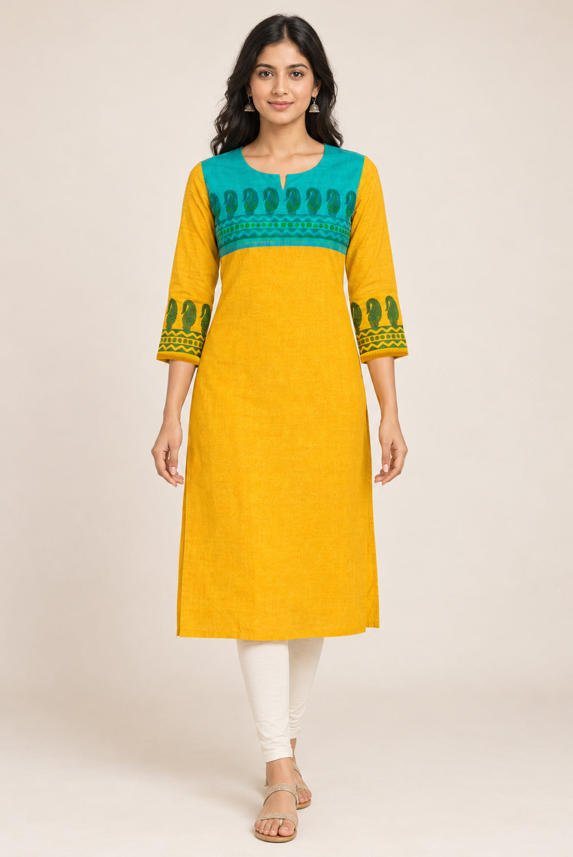 This Yellow Cotton Kurta is crafted using Plain Woven detailing, featuring Plain Body design across the silhouette with Round neck front image displayed on an AI model