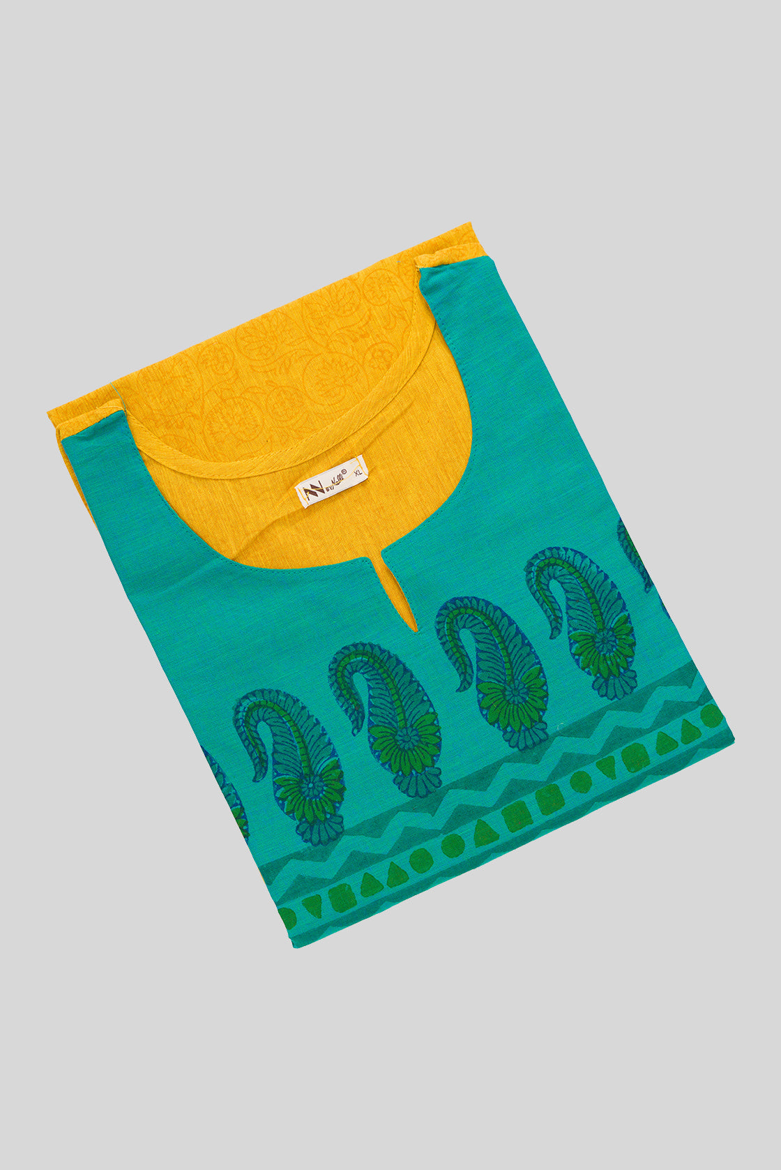 Top view of This Yellow Cotton Kurta is crafted using Plain Woven detailing, featuring Plain Body design across the silhouette with Round neck