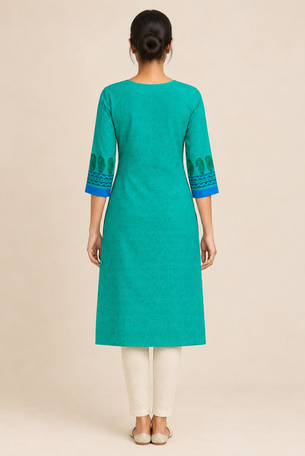 This Sea Green Cotton Kurta is crafted using Digital Print detailing, featuring Printed design across the silhouette with Round neck back image displayed on an AI model